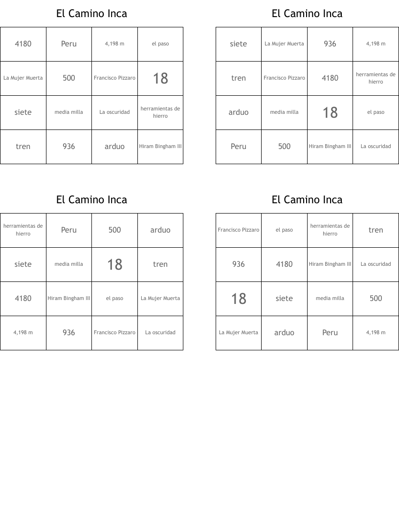 El Camino Inca Bingo Cards