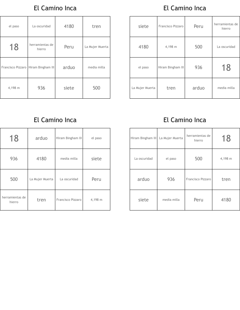 El Camino Inca Bingo Cards