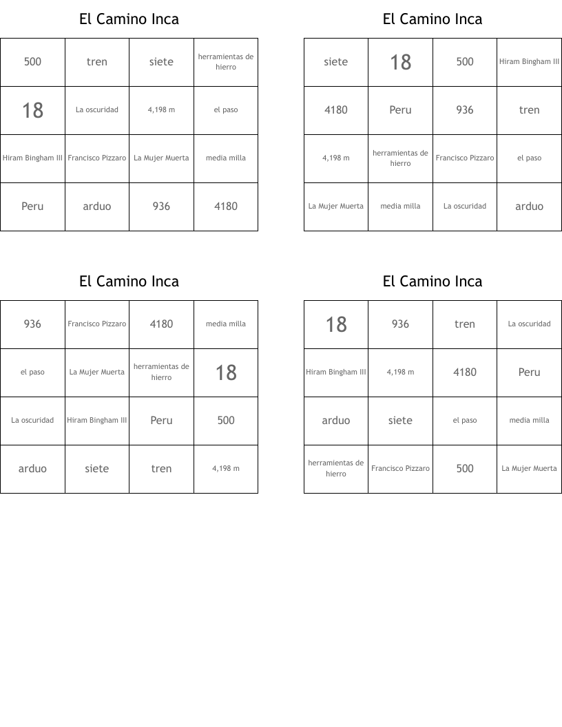 El Camino Inca Bingo Cards