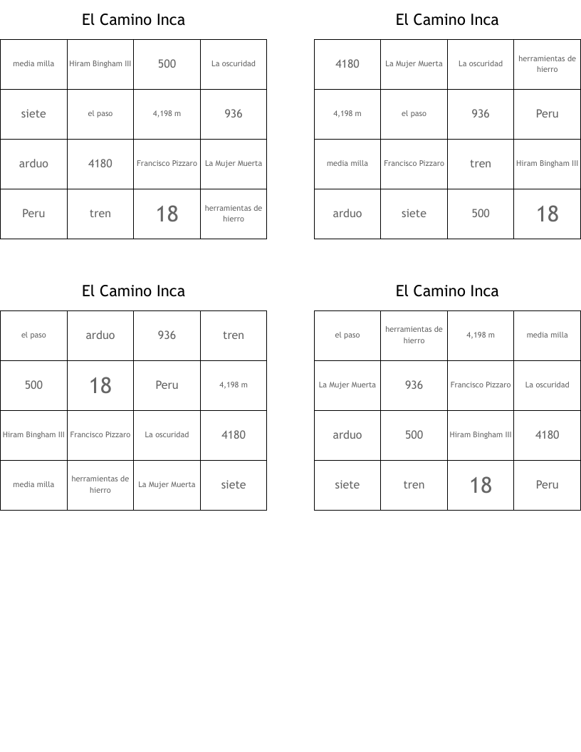El Camino Inca Bingo Cards