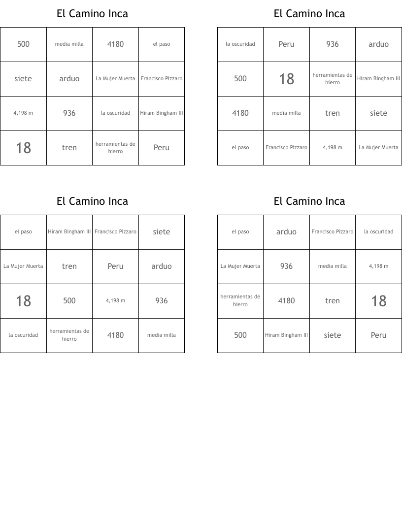 El Camino Inca Bingo Cards