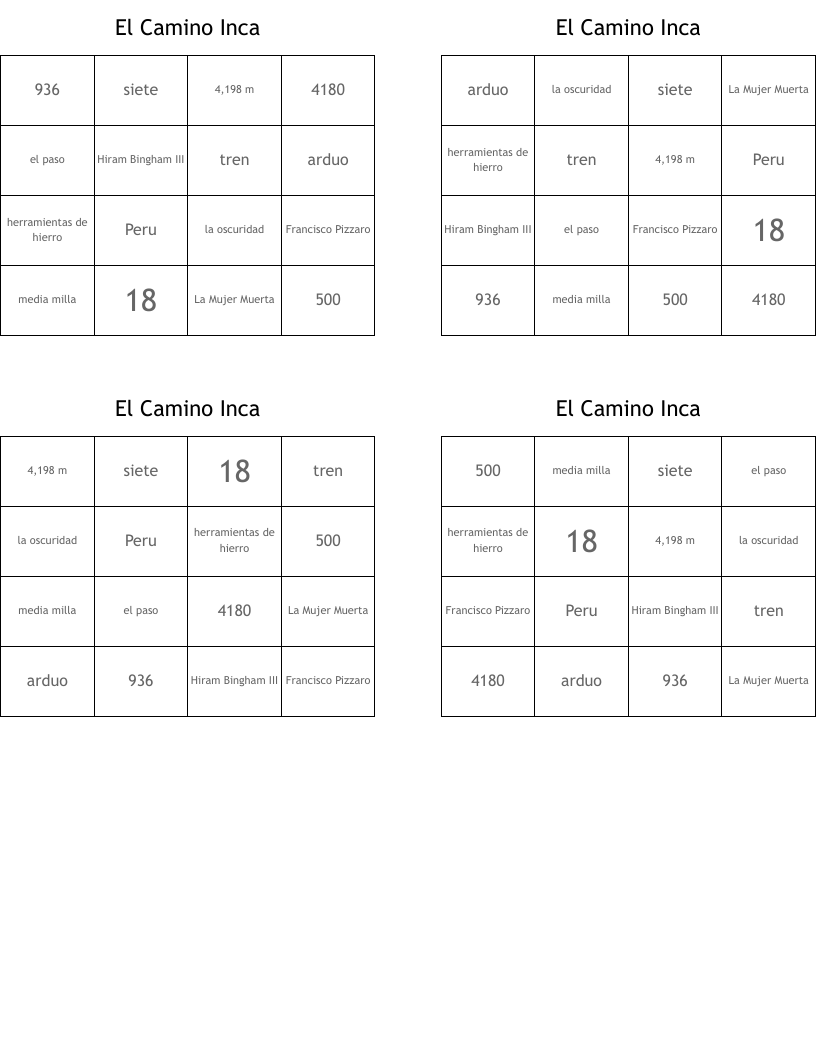 El Camino Inca Bingo Cards