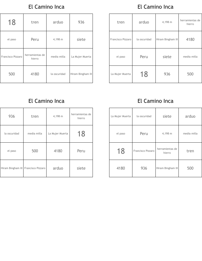 El Camino Inca Bingo Cards