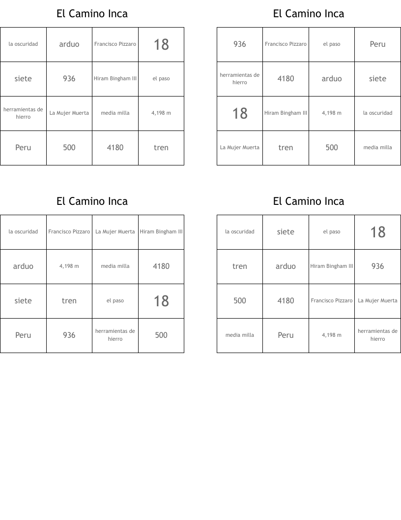 El Camino Inca Bingo Cards