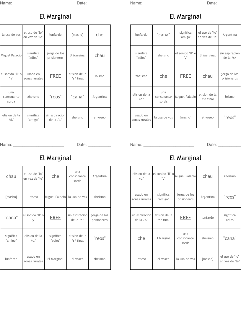 El Marginal  Bingo Cards