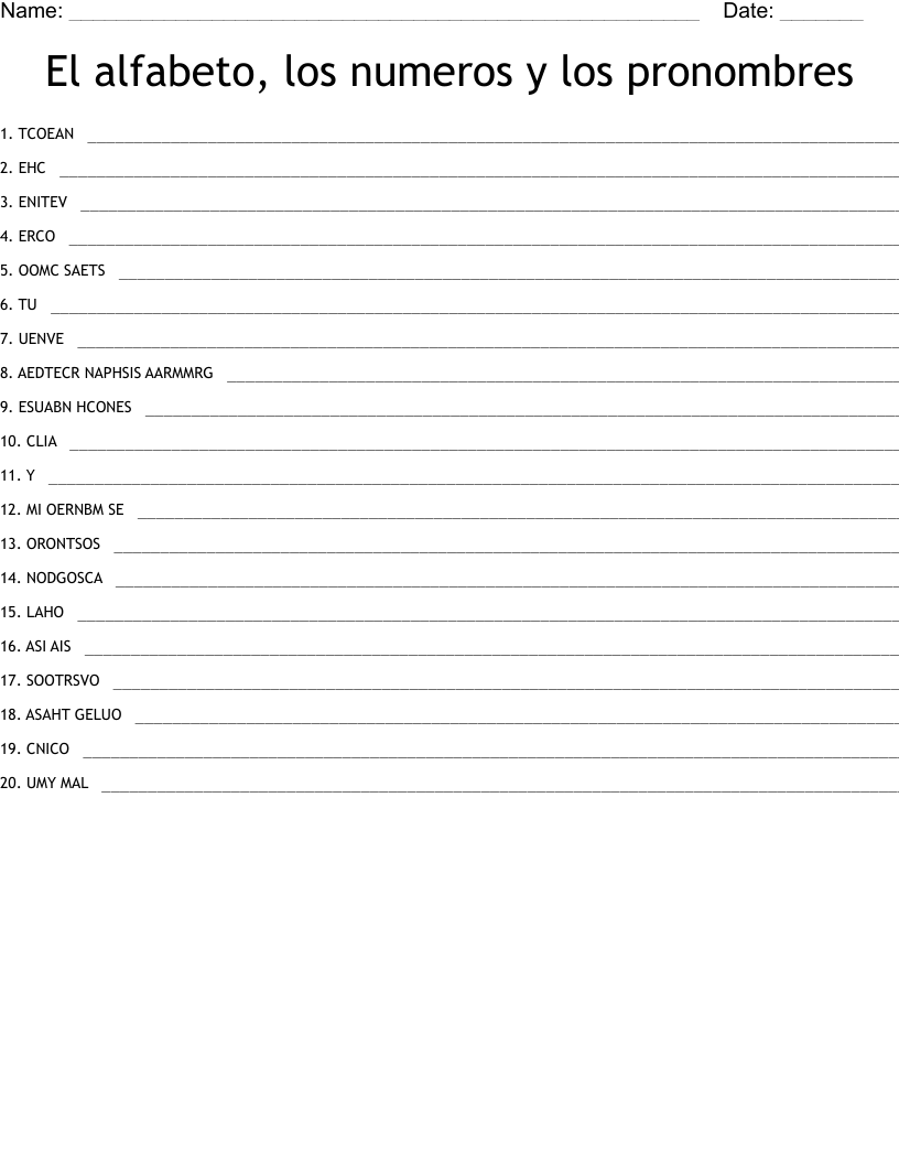 El alfabeto, los numeros y los pronombres Word Scramble