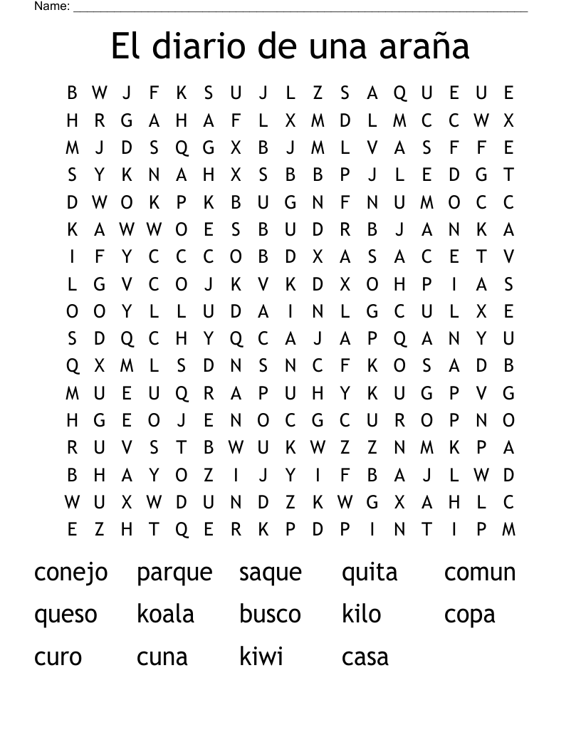 El diario de una araña Word Search