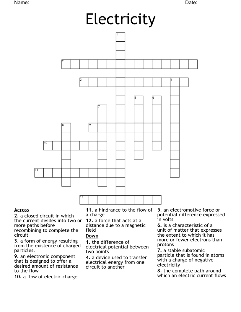 Electricity Crossword Puzzle Worksheet Activity Printable 