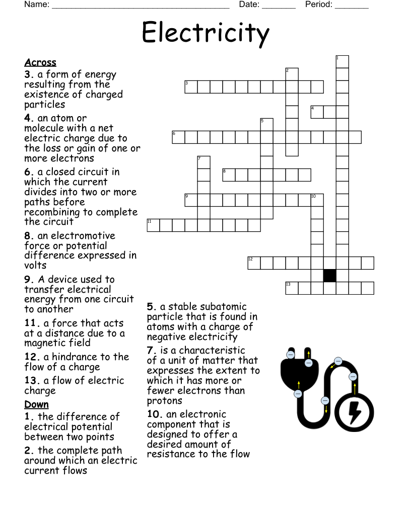 Electricity Crossword Puzzle Worksheet Activity Printable 