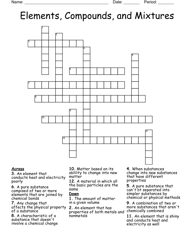 Elements Compounds And Mixtures Worksheet