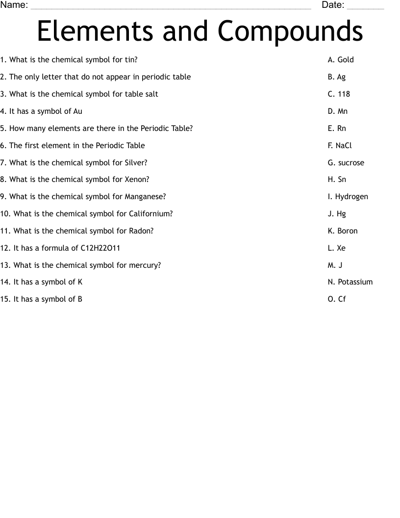 Elements and Compounds Worksheet - WordMint