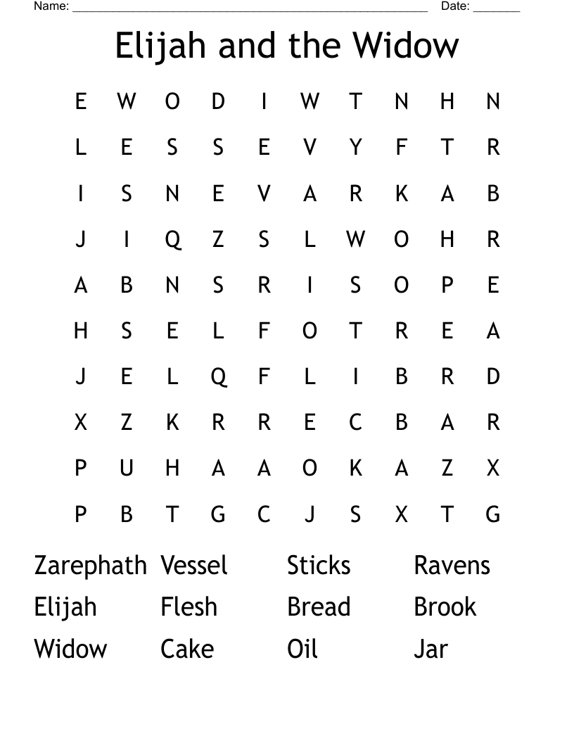 Elijah And The Widow Word Search WordMint