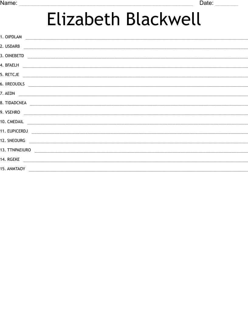 Elizabeth Blackwell Word Scramble