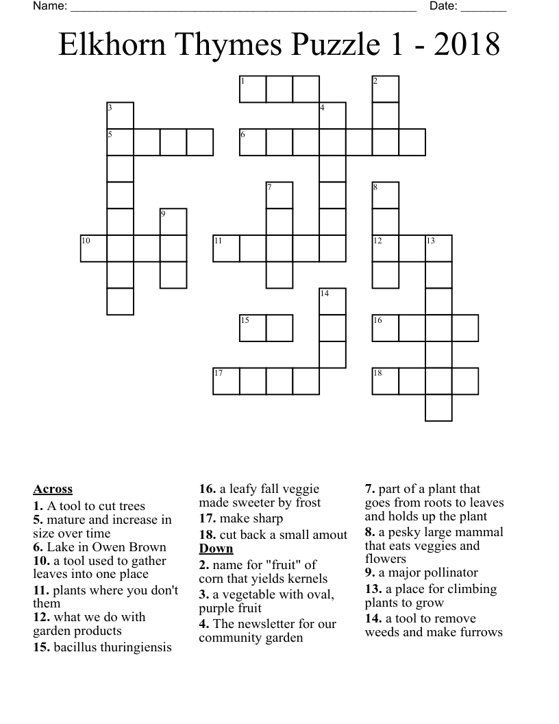 Elkhorn Thymes Puzzle 1 2018 Crossword WordMint