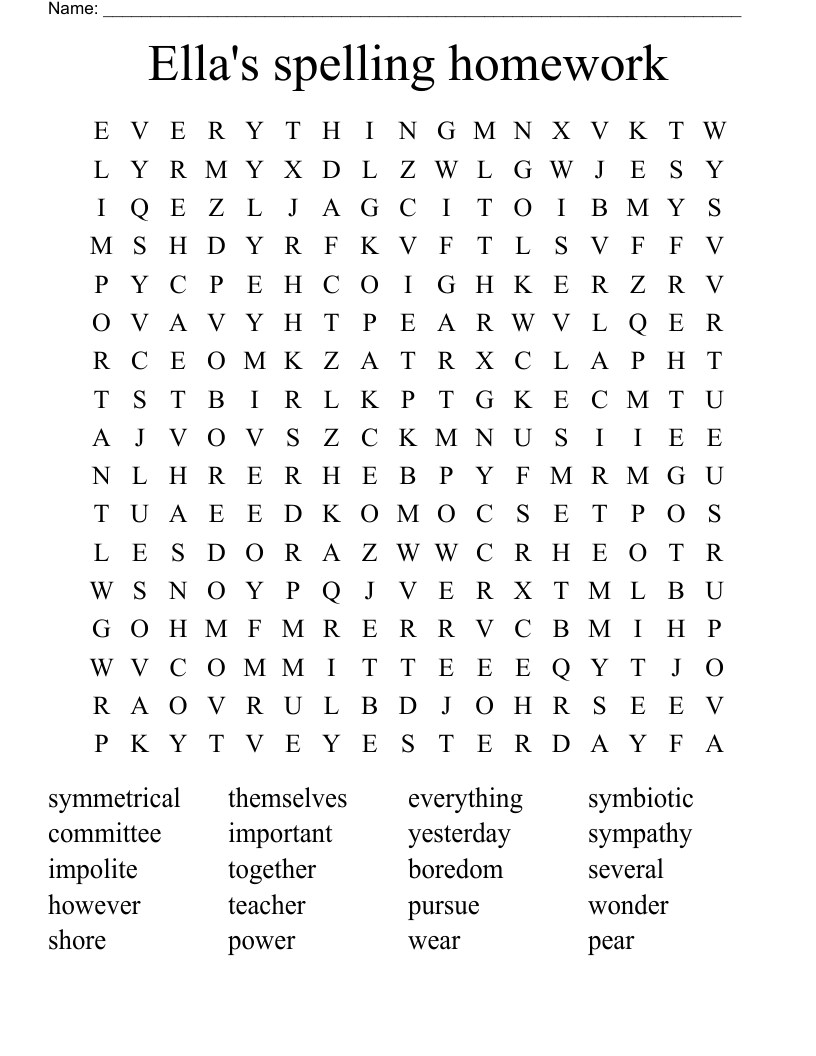 Ella's spelling homework Word Search