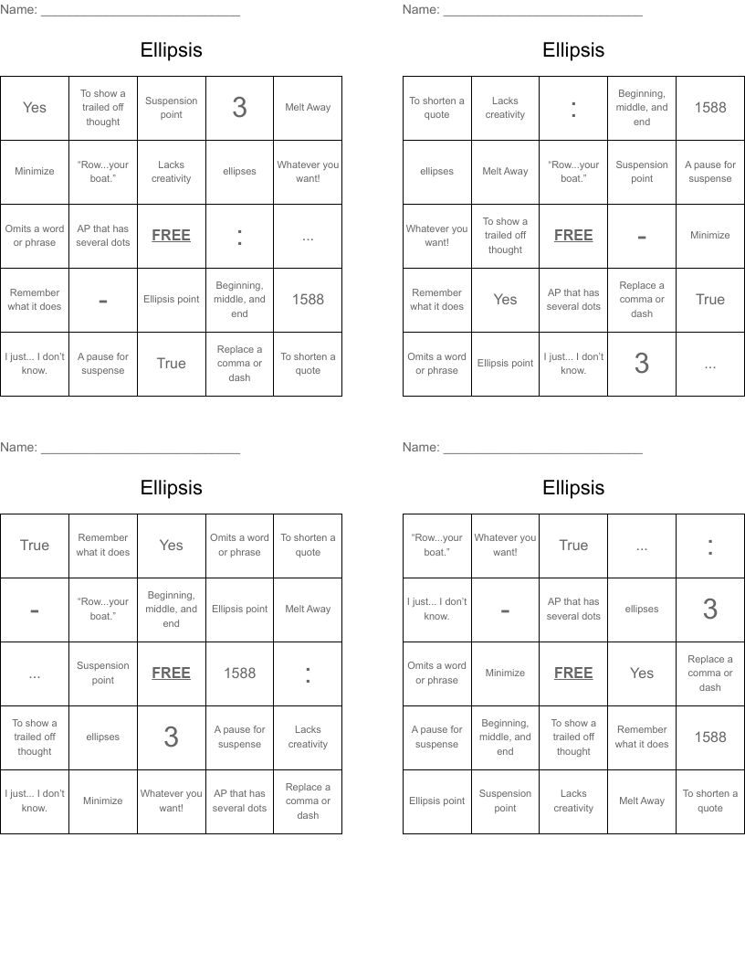 Ellipsis Bingo Cards