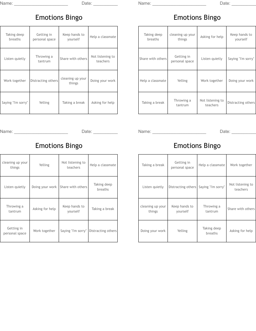 Emotions Bingo
