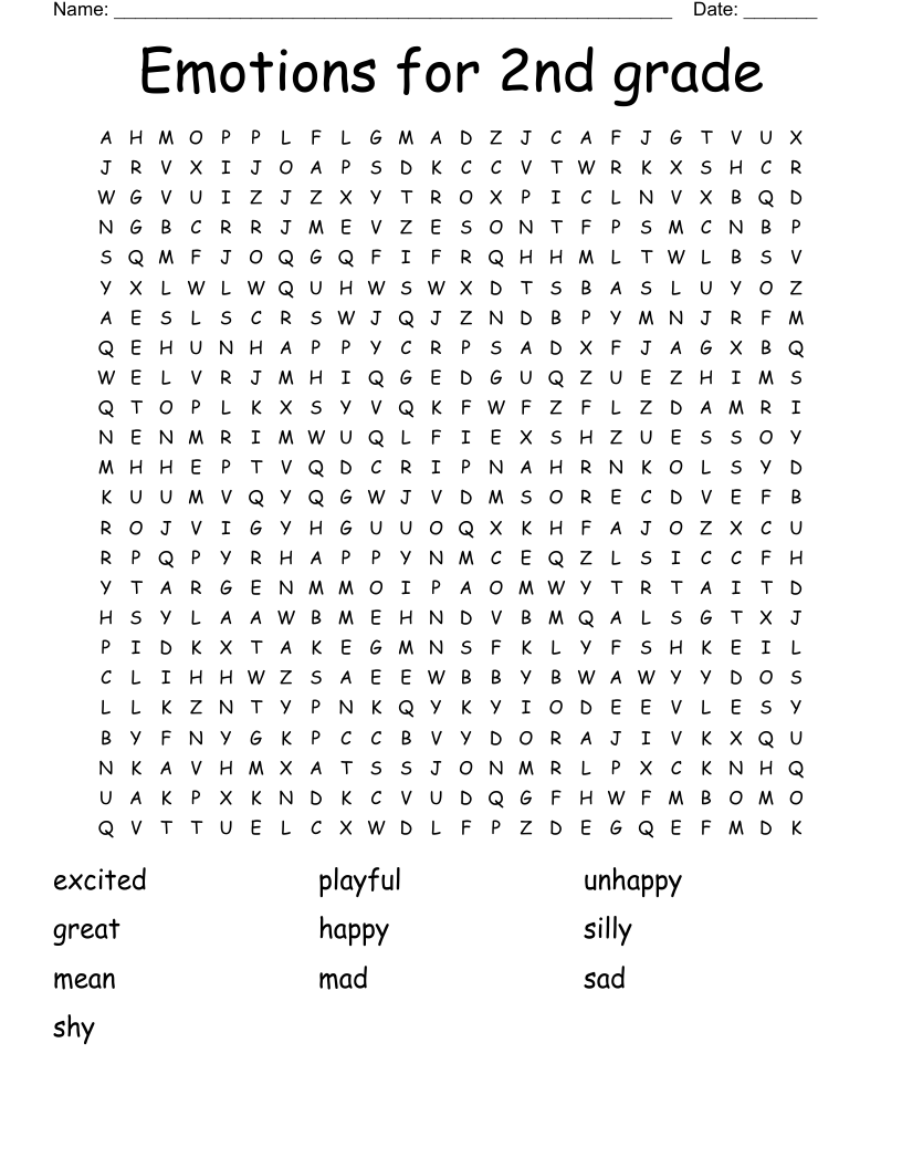 Emotions for 2nd grade Word Search