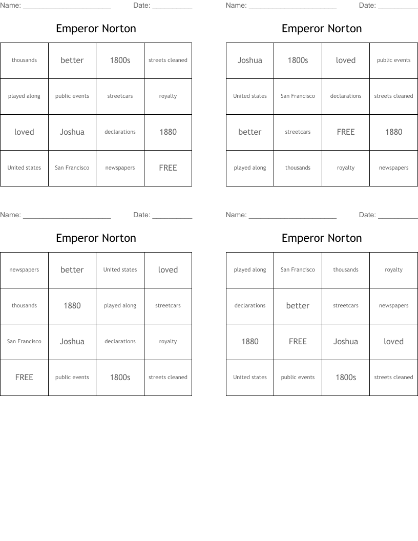 Emperor Norton Bingo Cards