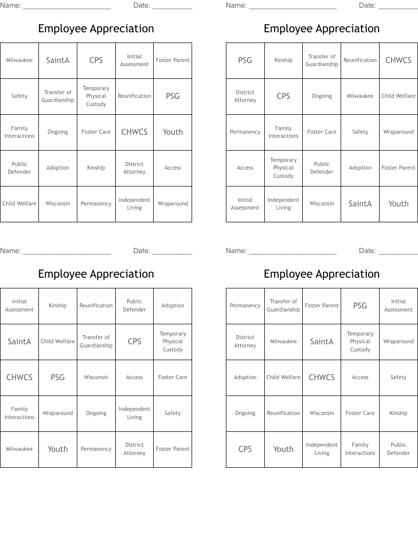 Employee Appreciation Bingo Cards WordMint
