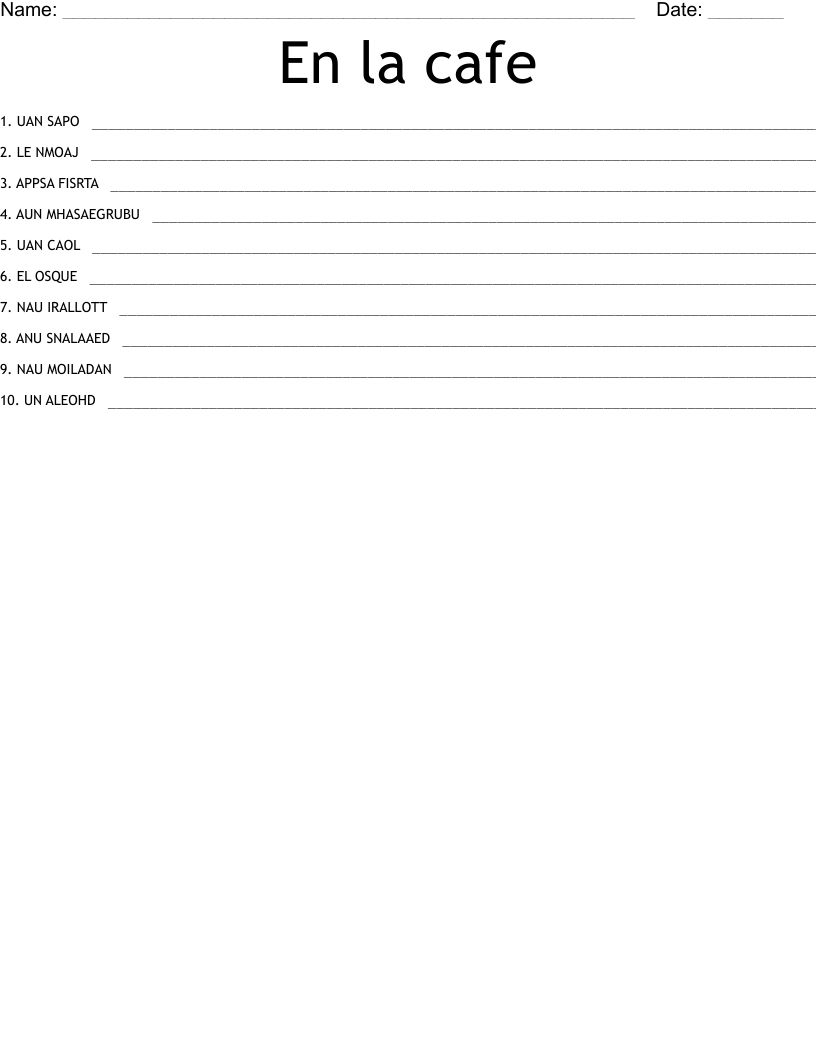 En la cafe Word Scramble
