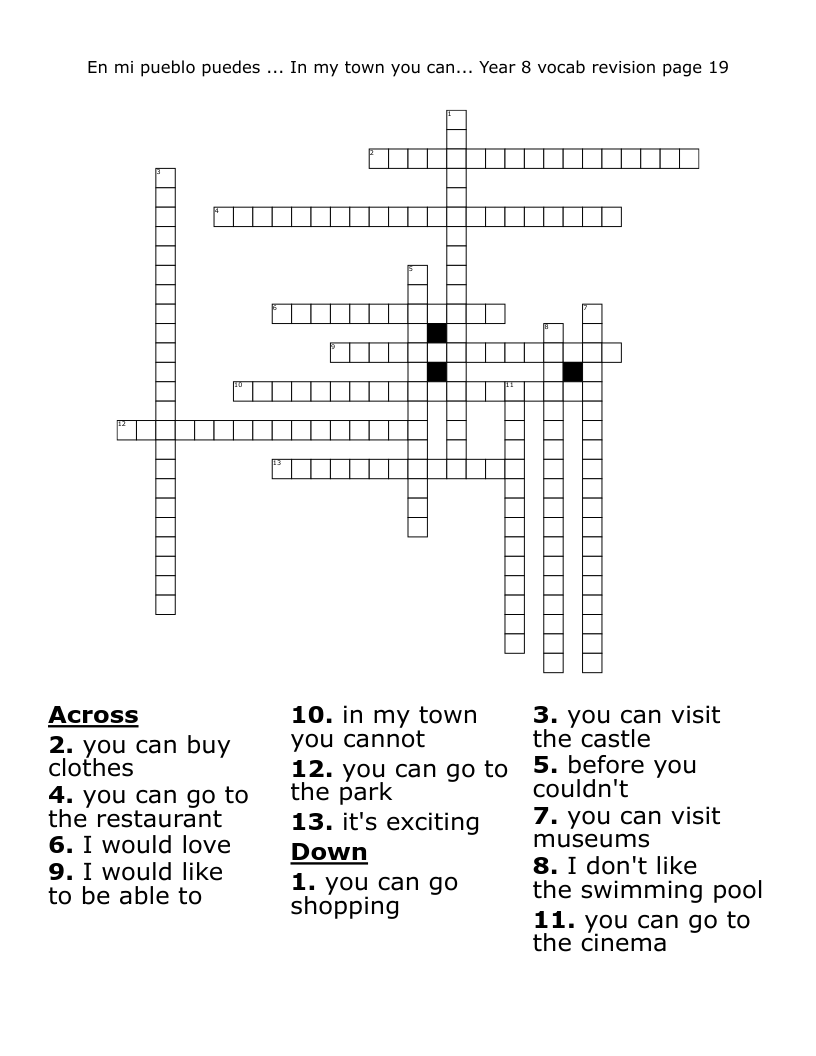 En mi pueblo puedes ... In my town you can...  Year 8 vocab revision page 19 Crossword