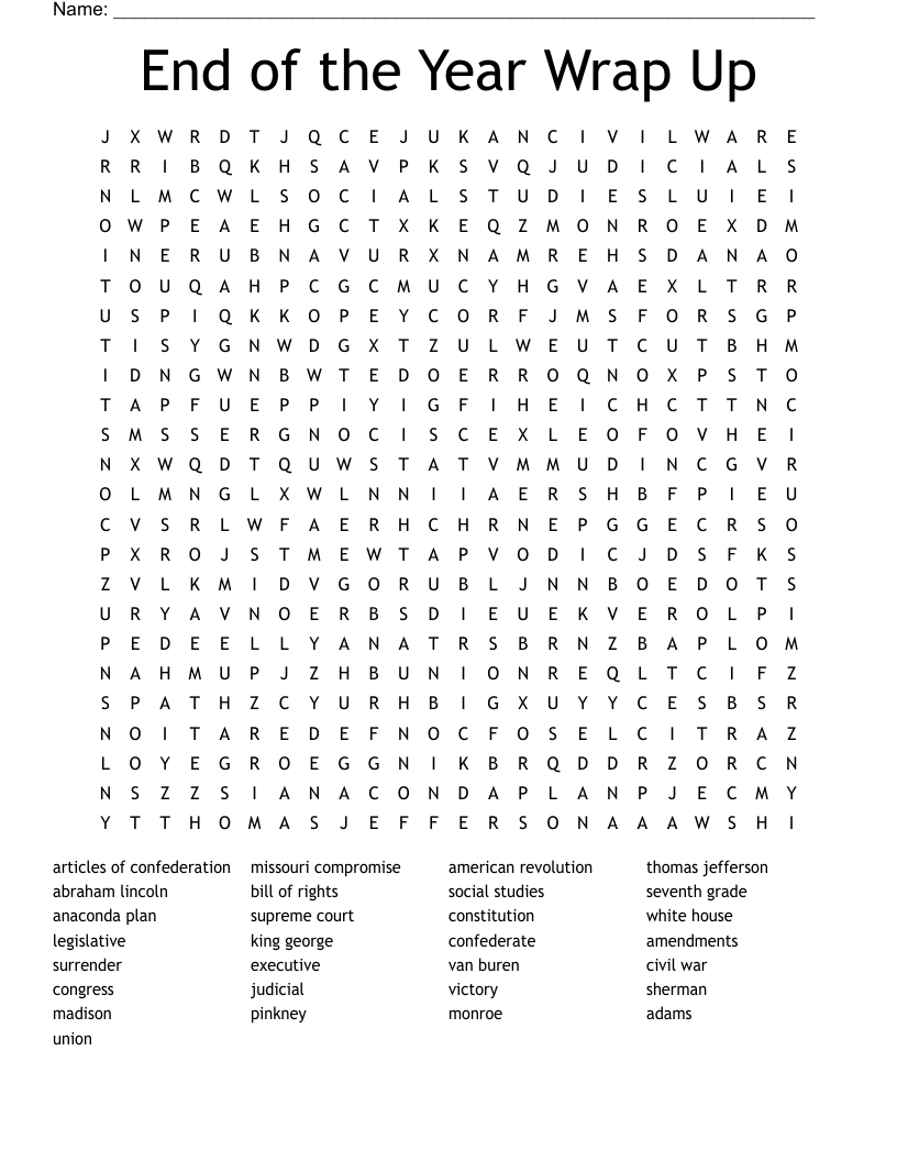 End of the Year Wrap Up Word Search