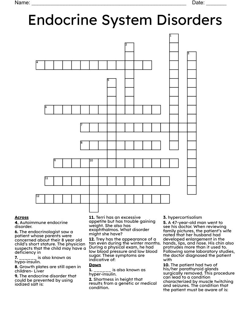 Endocrine System Disorders Crossword WordMint