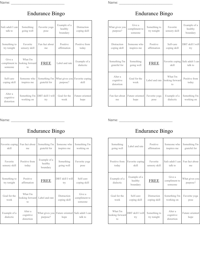 Endurance Bingo