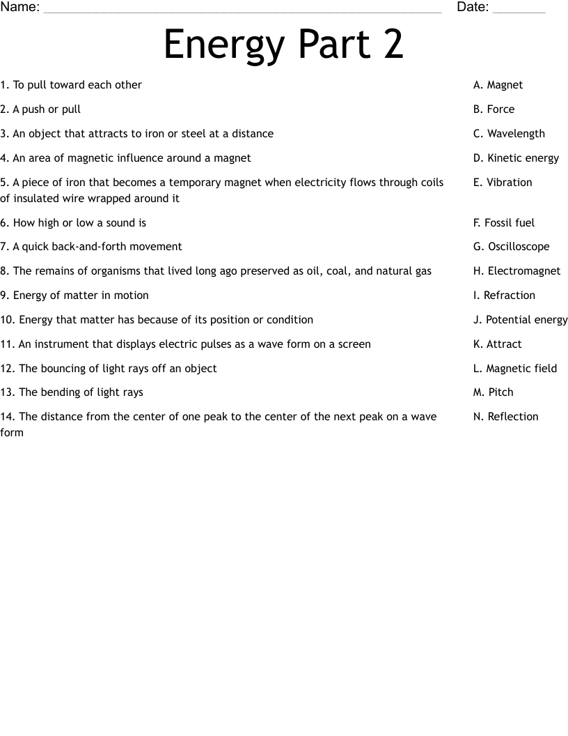 Energy Part 2 Worksheet