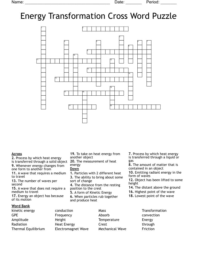 Energy Transformation Cross Word Puzzle