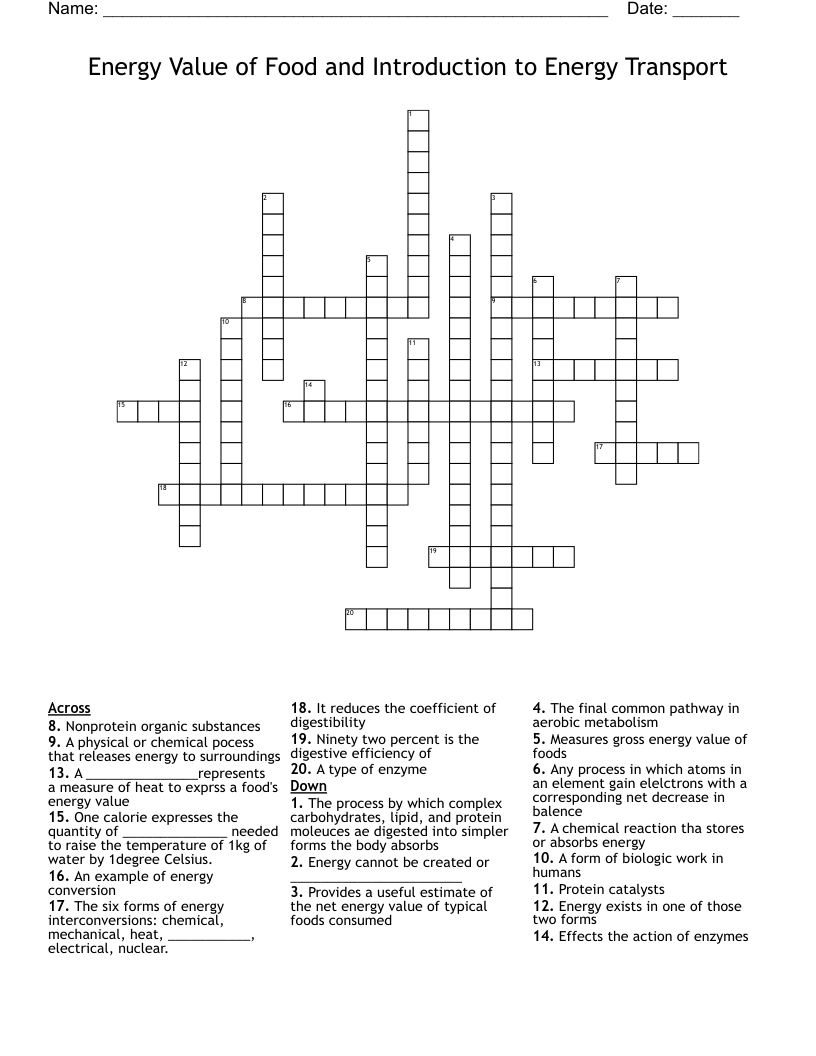 Energy Value of Food and Introduction to Energy Transport  Crossword