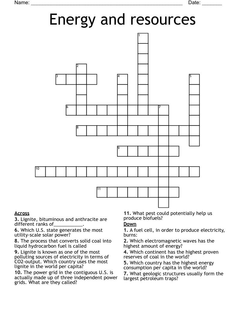 Energy and resources Crossword WordMint