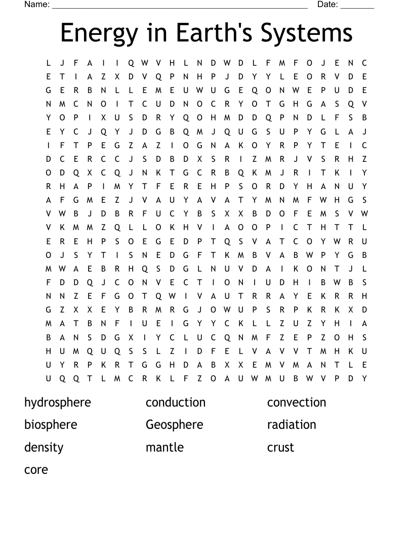 Energy in Earth's Systems Word Search