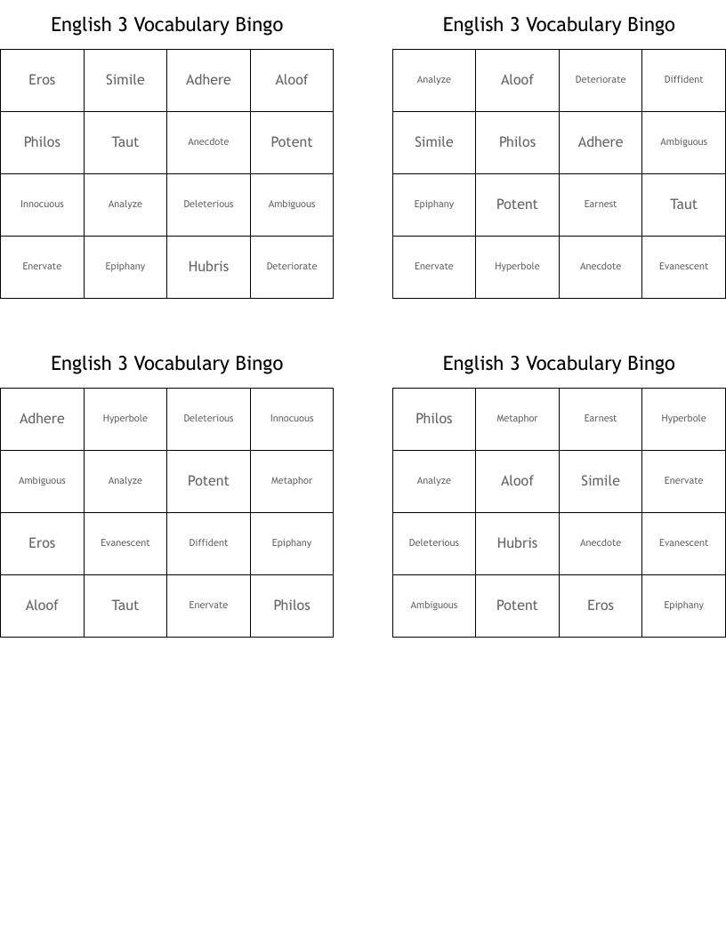 English 3 Vocabulary Bingo