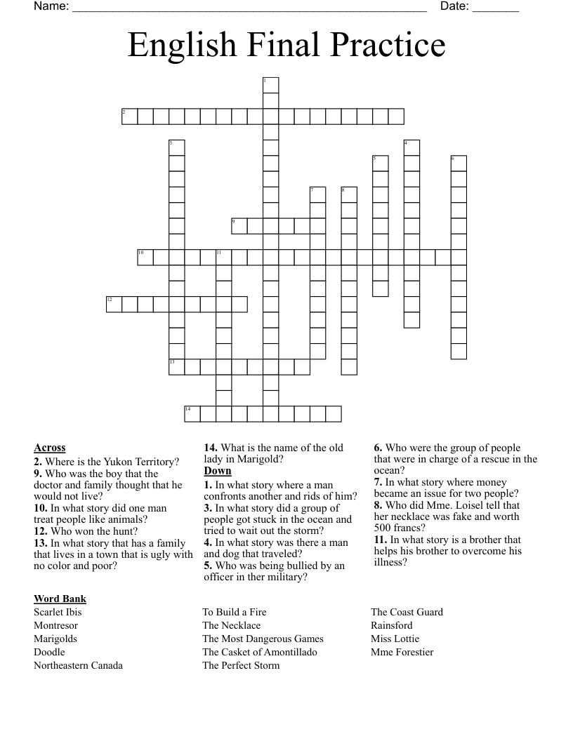 English Final Practice Crossword