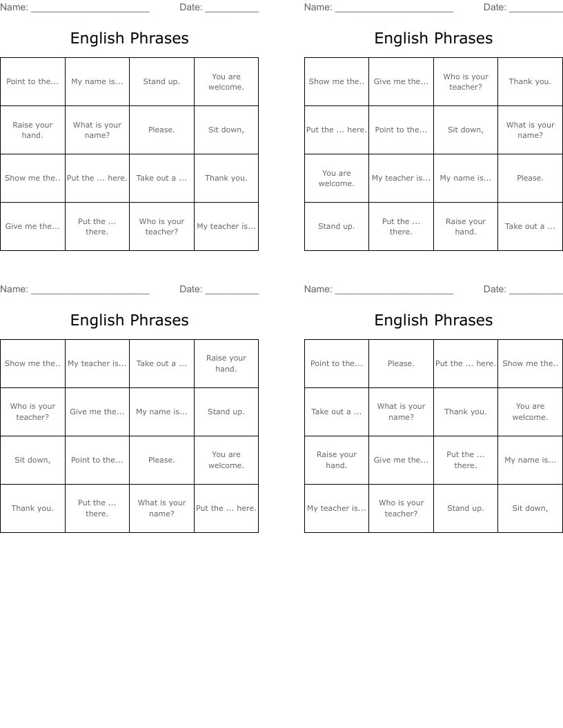 English Phrases  Bingo Cards