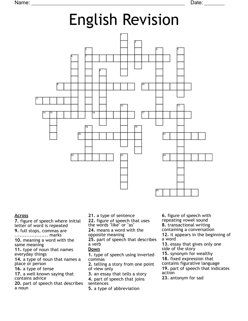 English Revision Crossword