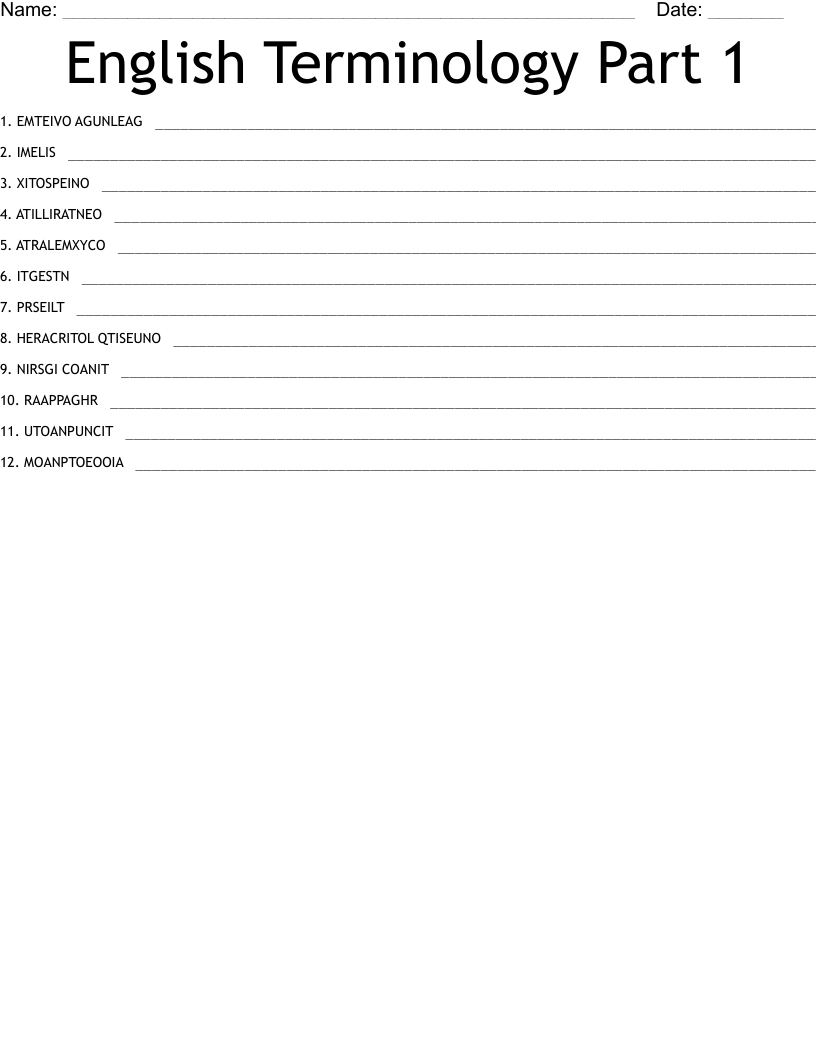 English Terminology Part 1 Word Scramble WordMint