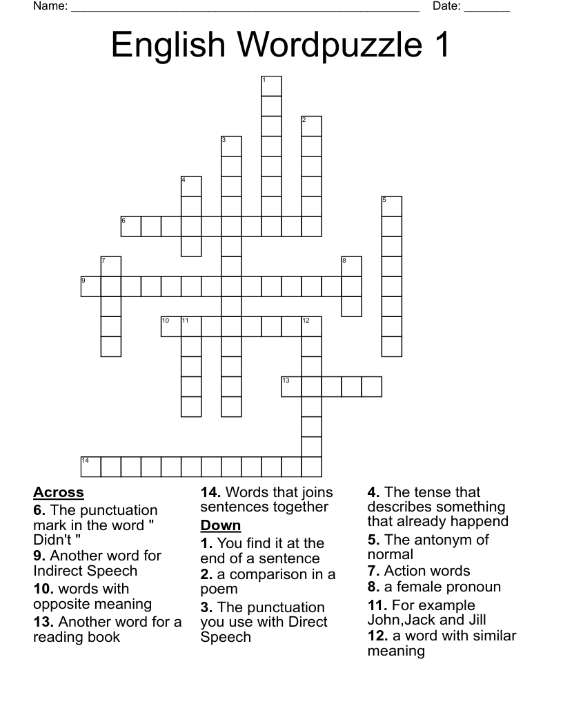 English Wordpuzzle 1 Crossword