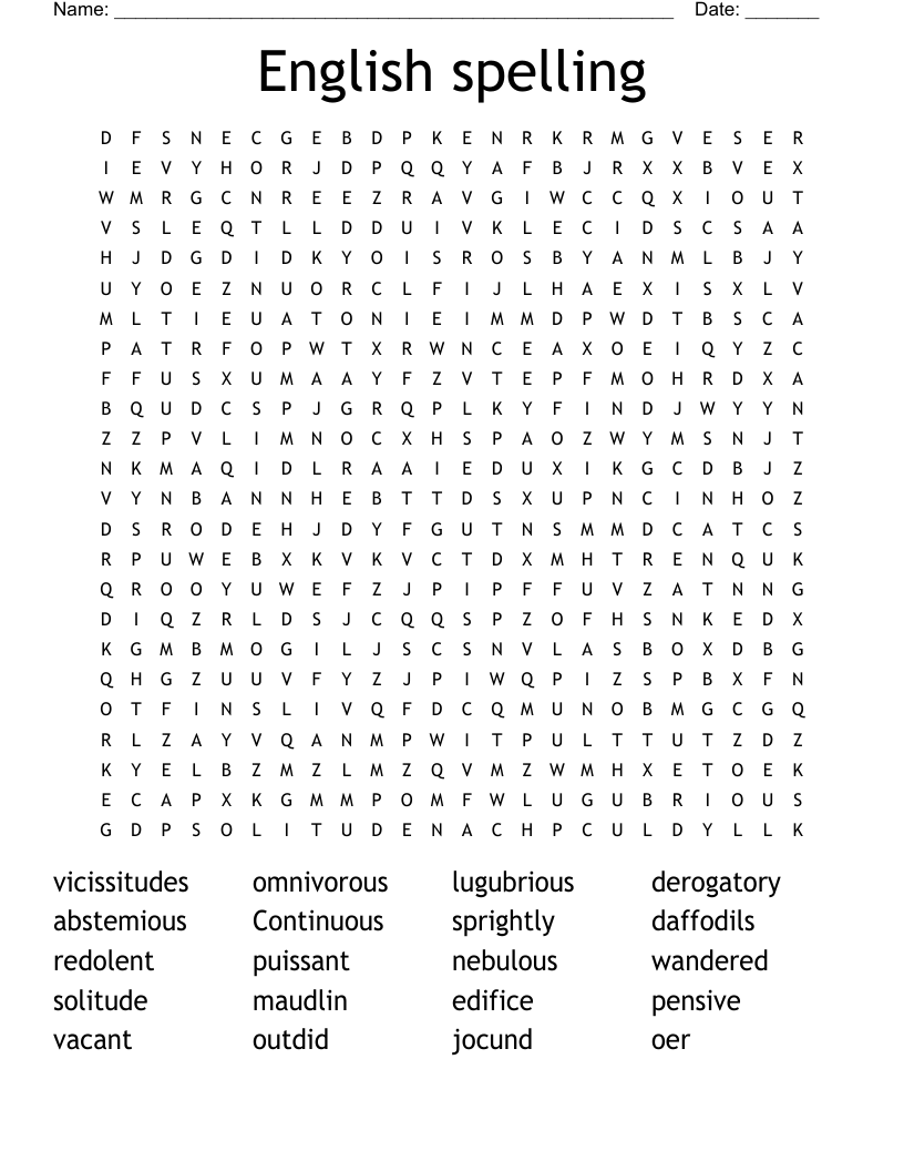 English spelling Word Search