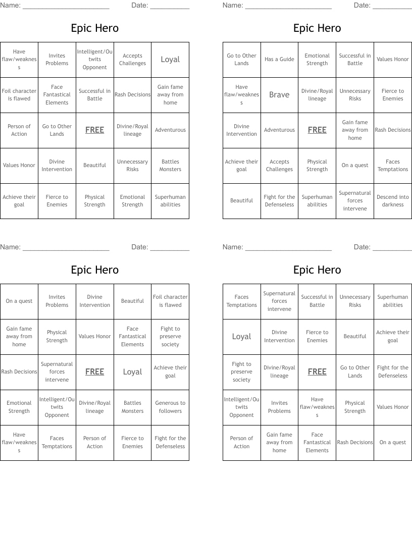 Epic Hero Bingo Cards