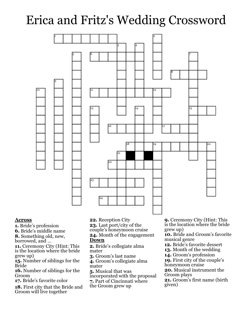 Erica And Fritz s Wedding Crossword WordMint