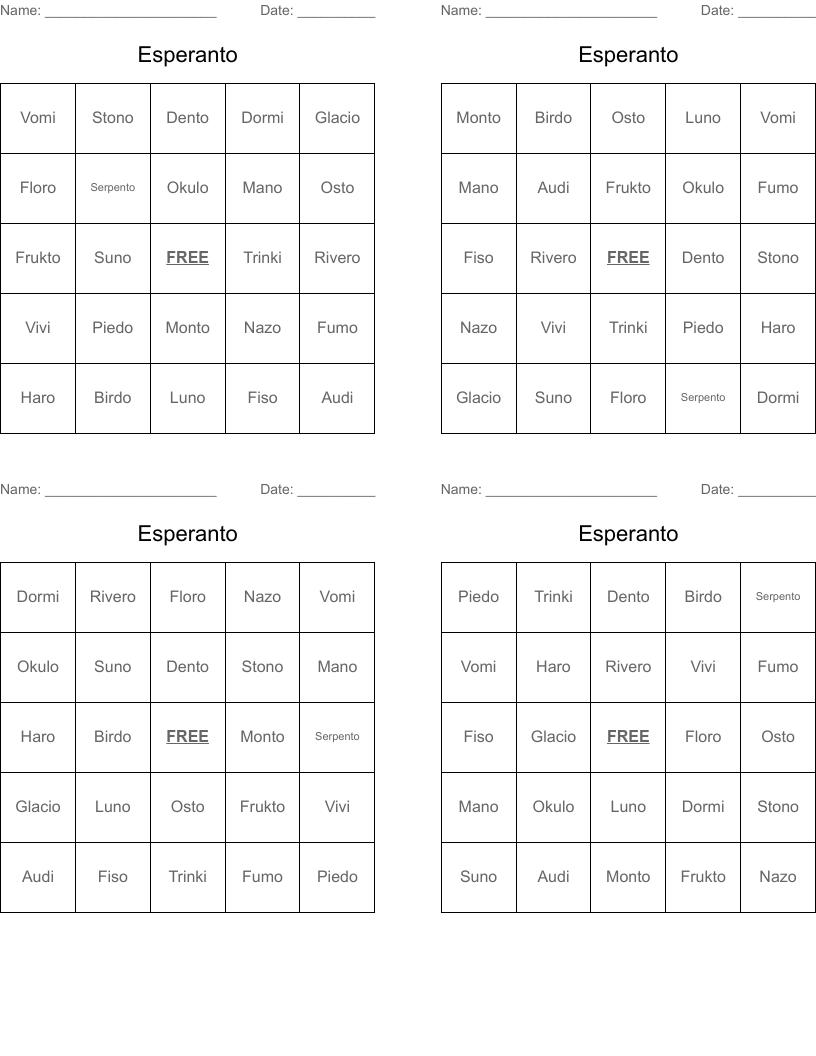 Esperanto Bingo Cards