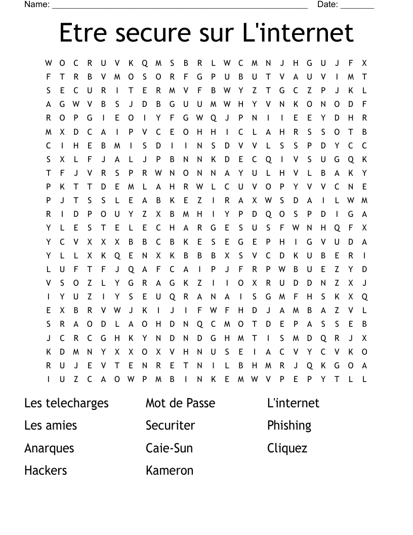 Etre secure sur L'internet Word Search