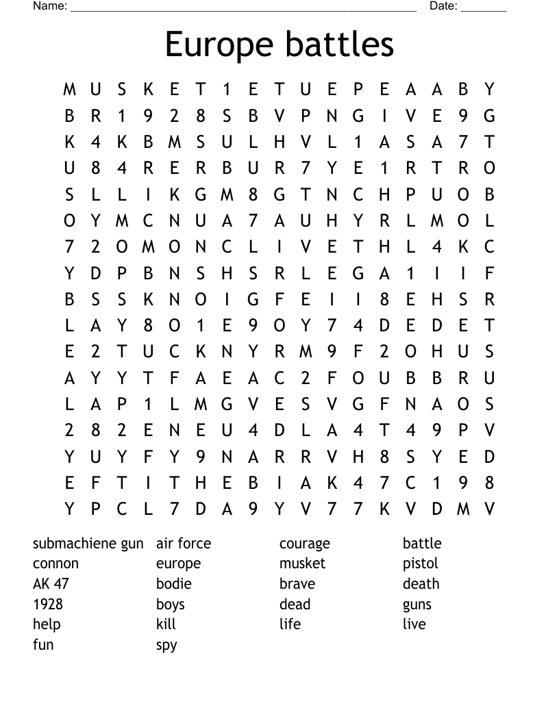 Europe battles Word Search