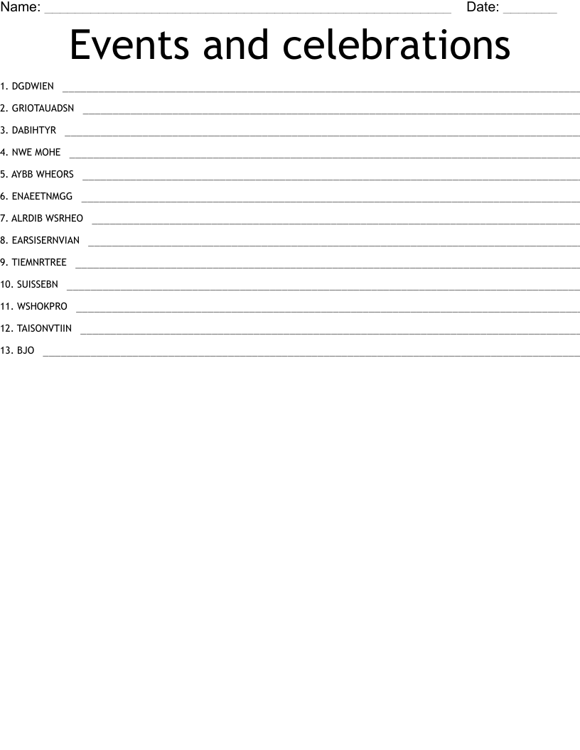 Events and celebrations Word Scramble