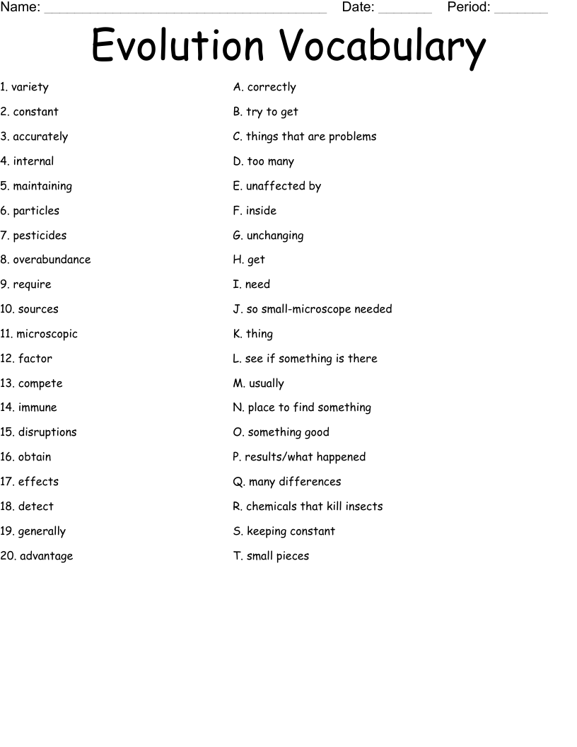 Evolution Vocabulary Worksheet - WordMint