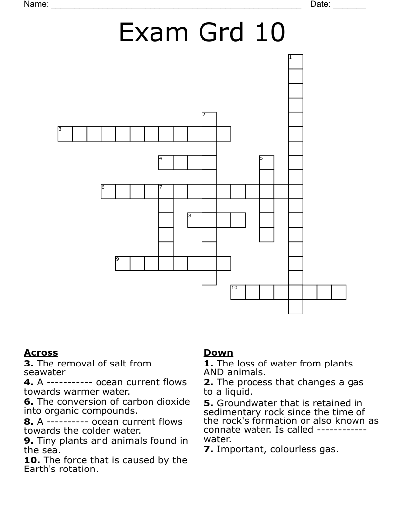 Exam Grd 10 Crossword
