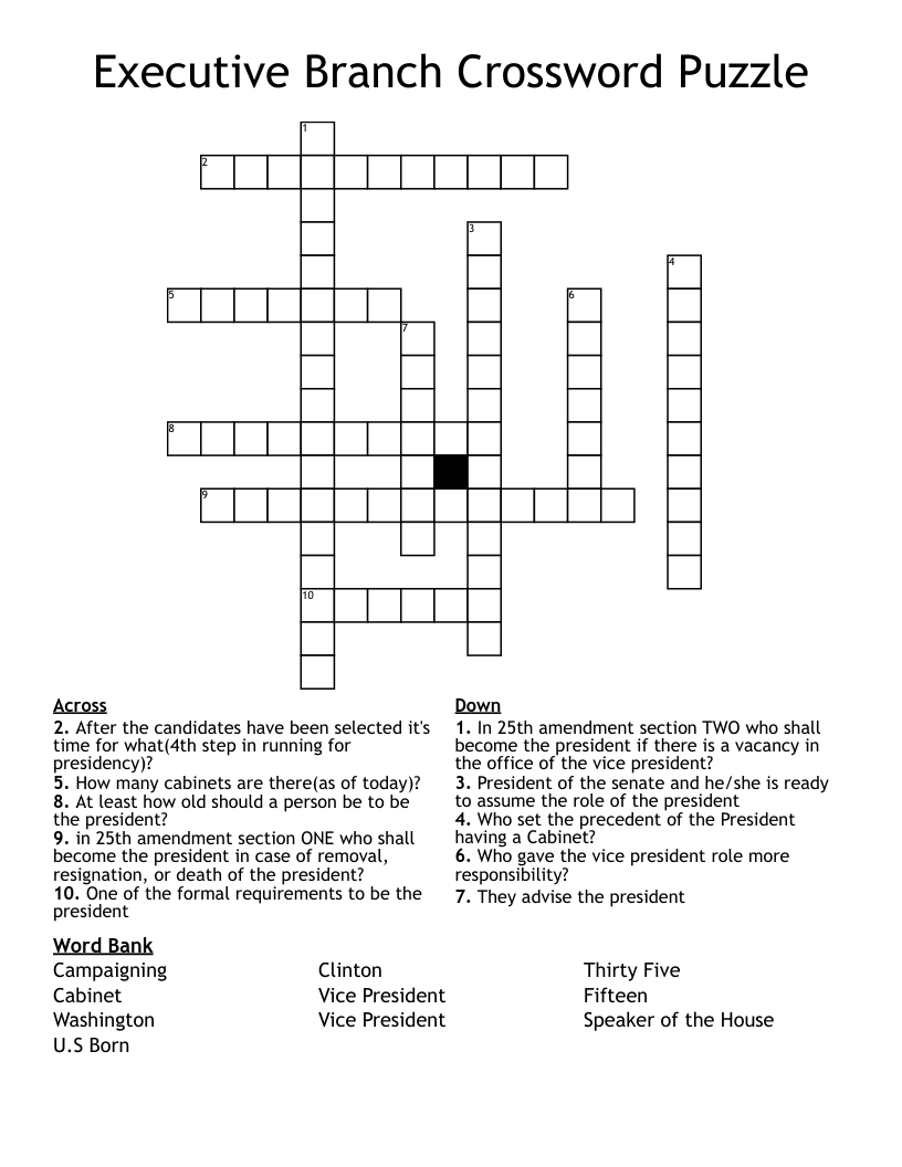 Executive Branch Crossword Puzzle WordMint